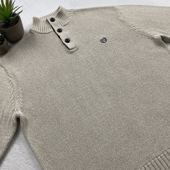 Chaps Knit Mock Neck Quarter Button Elbow Patch Long Sleeve Pullover Sweater - Picture 7 of 16